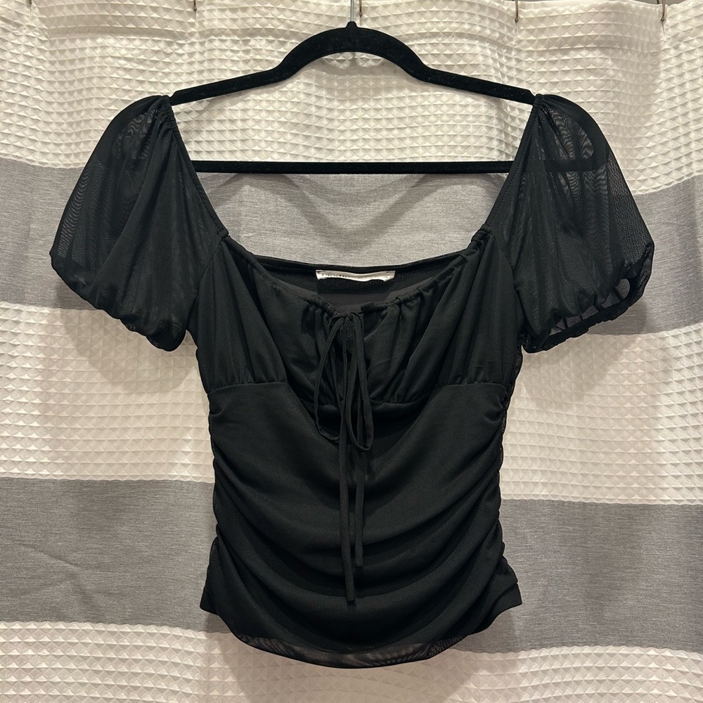Elodie Black Ruched Tie-Neck Puff Sleeve Crop Top Size XS